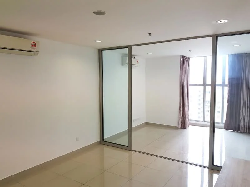 Room features: white painted walls, glossy tile flooring, floor-to-ceiling windows, sheer curtains, 1 wall-mounted split AC, recessed downlights, mirror wall, light brown curtain, neutral color scheme; style: modern; view: city.