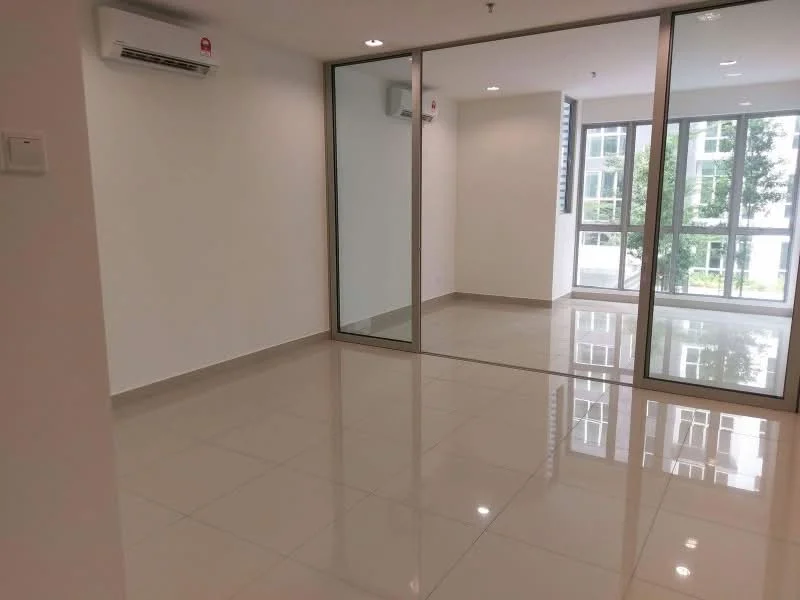 Room features: white painted walls, glossy ceramic tile flooring, floor-to-ceiling windows, sliding glass door, 1 wall-mounted split AC, mirrored wall, natural light from windows, neutral color palette; style: modern; view: garden.