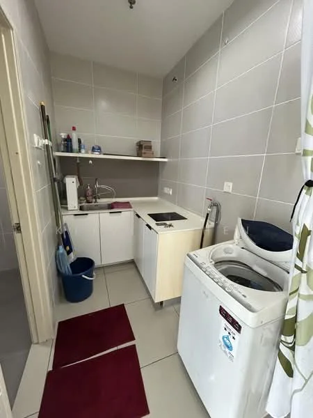 Laundry features: white washing machine, single-bowl stainless-steel sink, chrome pull-down faucet, white cabinetry, grey tiled walls, grey tiled flooring, countertop above cabinetry, red bath mats; style: modern.
