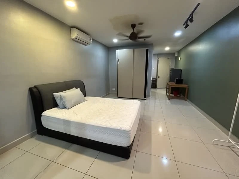 Bedroom features: queen-size bed, upholstered headboard, white bedding, 2 bedside lamps, wall-mounted split AC, 5-blade ceiling fan, white tiled flooring, green accent wall, grey painted wall, built-in wardrobe, TV console, freestanding TV, study desk; style: modern.