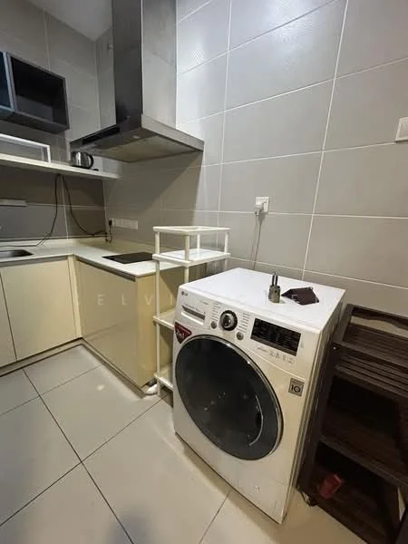 Laundry features: white front-load washing machine, stainless-steel range hood, grey tiled walls, cream cabinetry, black countertop, open shelving, tile flooring, wooden storage rack; style: modern.