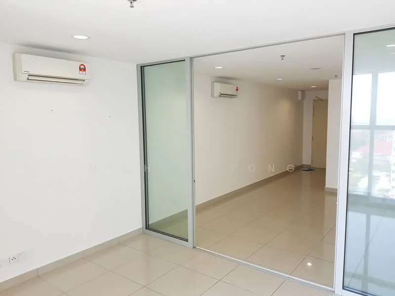 Room features: white painted walls, glossy ceramic tile flooring, 2 wall-mounted split AC units, glass partition, recessed downlights, neutral color scheme, open layout, mirror wall; style: modern.
