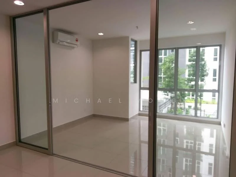 Room features: white painted walls, glossy tile flooring, floor-to-ceiling windows, sliding glass door, wall-mounted split AC, recessed downlights, neutral colour scheme, corner room with natural light; style: modern; view: garden.