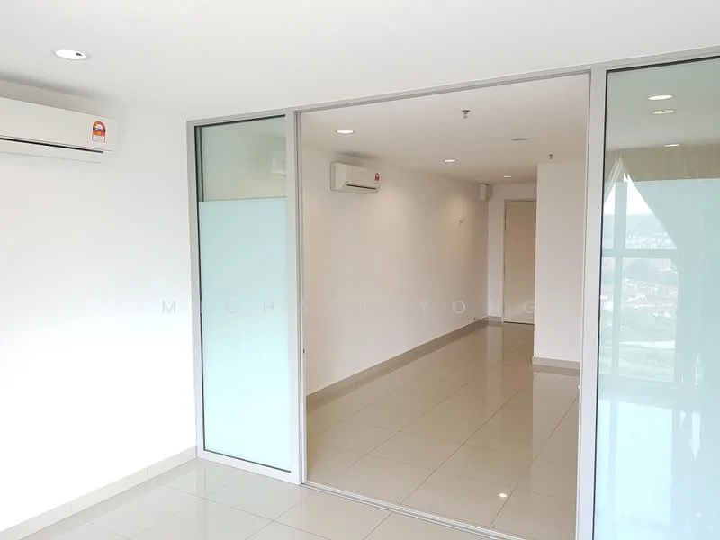 Room features: white painted walls, glossy ceramic tile flooring, 2 wall-mounted split AC units, glass partition, recessed downlights, neutral color scheme, large windows, doorway leading to another room; style: modern; view: city.