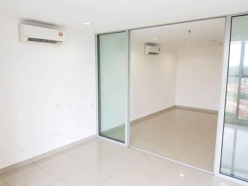 Room features: white painted walls, glossy ceramic tile flooring, floor-to-ceiling glass windows, 1 wall-mounted split AC, recessed downlights, open layout, neutral color scheme; style: modern; view: city.