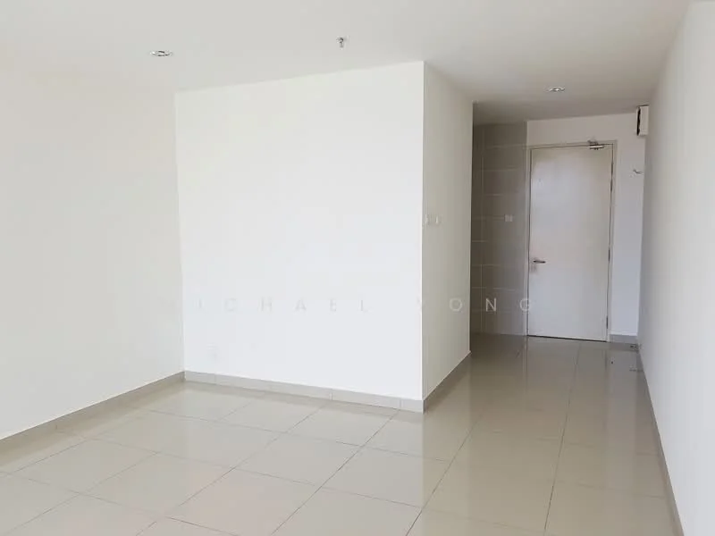 Room features: white painted walls, light grey tiled flooring, single door, recessed ceiling lights; style: modern.