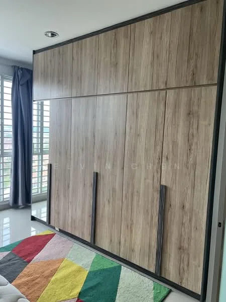 Bedroom features: built-in wardrobe with wood finish, sliding doors, grey curtains, white walls, polished tile flooring, colorful area rug with geometric pattern, floor-to-ceiling windows, city view; style: modern; view: city.