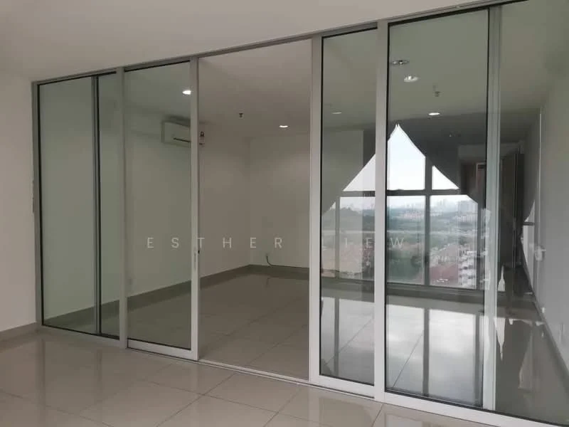 Room features: floor-to-ceiling glass panels, grey tiled flooring, recessed downlights, air conditioning unit, white painted walls, corner windows, city view, open layout; style: modern; view: city.