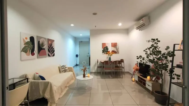 Living features: white painted walls, glossy tile flooring, 5-blade ceiling fan with light, wall-mounted air conditioning unit, sofa with throw blanket, coffee table, TV console with TV, dining table with chairs, decorative houseplants, framed artwork on walls, candles on the floor; style: modern.