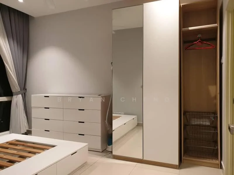 Bedroom features: white painted walls, floor-to-ceiling window with sheer curtains, light-colored tile flooring, built-in wardrobe with mirror, open shelving in wardrobe, drawer storage in wardrobe, bed frame with slatted base, decorative wall, hanging rod in wardrobe; style: modern.