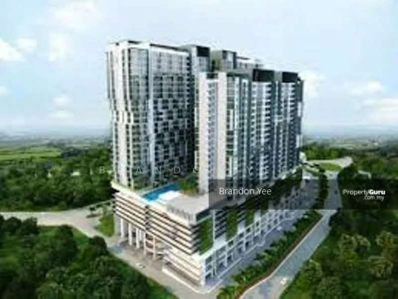 Exterior type: high-rise condominium; features: glass curtain wall, white painted facade, recessed balconies, infinity pool on rooftop, landscaped garden area, surrounded by greenery, multi-storey car park, driveway with interlocking pavers; style: modern.