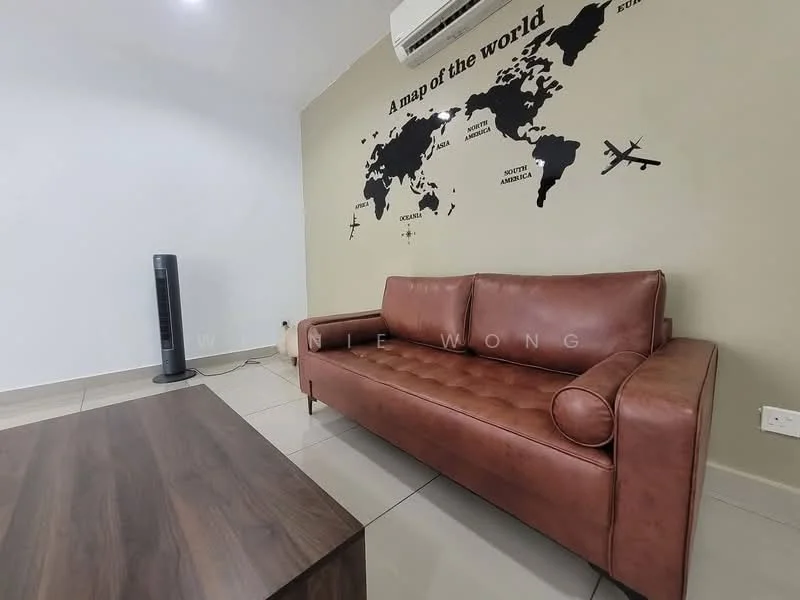 Living features: brown leather sofa, wooden coffee table, white painted walls, tile flooring, wall-mounted air conditioning unit, decorative wall map, floor-standing fan; style: modern.