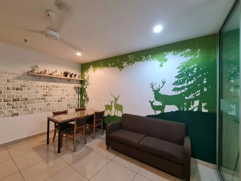 Living features: brown fabric sofa, 4-seater dining table, wooden dining chairs, green accent wall with deer and trees mural, white painted walls, light-colored tile flooring, ceiling fan, shelf with decorative items, recessed lighting; style: modern.