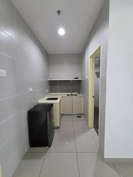 Kitchen features: grey tiled walls, white cabinetry, black fridge, single-bowl stainless-steel sink, chrome pull-down faucet, black countertop, ceramic tile flooring, recessed LED downlights, open shelving, built-in stove, wall-mounted electrical outlet; style: modern.