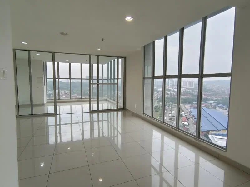 Living features: large floor-to-ceiling windows, grey tiled flooring, white painted walls, recessed downlights, open layout, city view, high ceiling, glass partition, smooth ceiling, no visible furniture; style: modern; view: city.