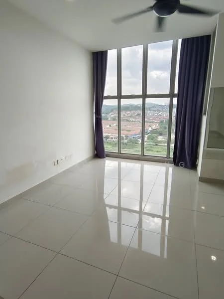 Room features: large floor-to-ceiling windows, grey curtains, white painted walls, glossy ceramic tile flooring, ceiling fan, city view, neutral color palette, minimalist design; style: modern; view: city.