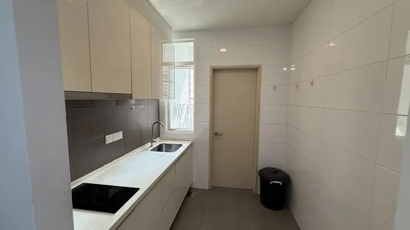 Kitchen features: white cabinetry, black countertop, single-bowl stainless-steel sink, chrome pull-down faucet, built-in induction cooktop, white tiled walls, grey floor tiles, window for natural light, door leading to another room, trash bin; style: modern.