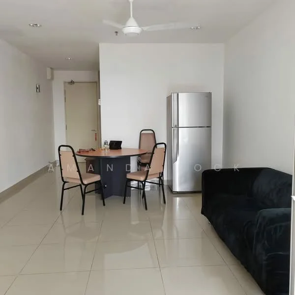 Living features: black fabric sofa, round dining table, 4 dining chairs, stainless-steel fridge, white painted walls, glossy tile flooring, ceiling fan, recessed lighting; style: modern.
