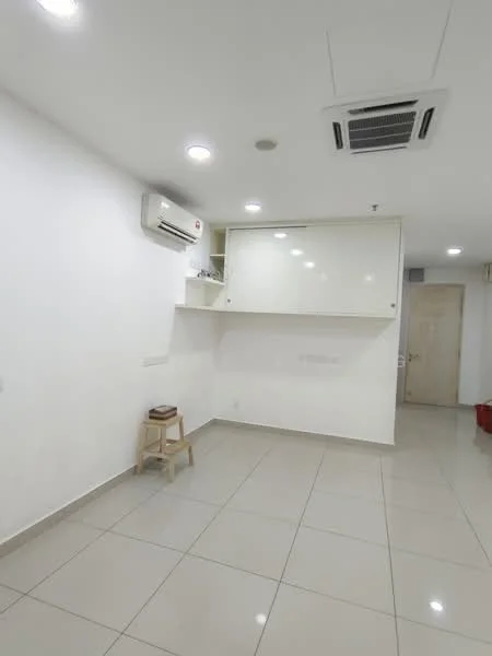 Room features: white painted walls, glossy tile flooring, recessed LED downlights, wall-mounted split AC, built-in cabinetry with glass doors, neutral color scheme, doorway leading to another room; style: modern.