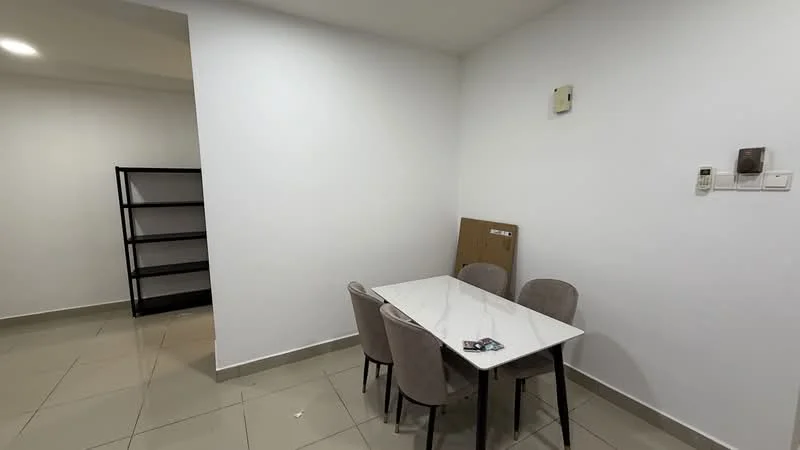 Dining features: white painted walls, tile flooring, rectangular dining table with marble top, 4 upholstered dining chairs in grey, wall-mounted light switch, shelving unit in black, empty wall space, floor-to-ceiling corner; style: modern.