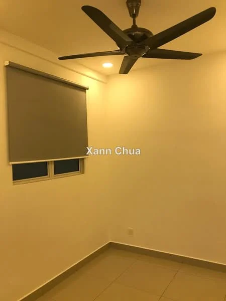 Room features: white painted walls, ceiling fan, recessed downlights, window with grey roller blinds, tile flooring.