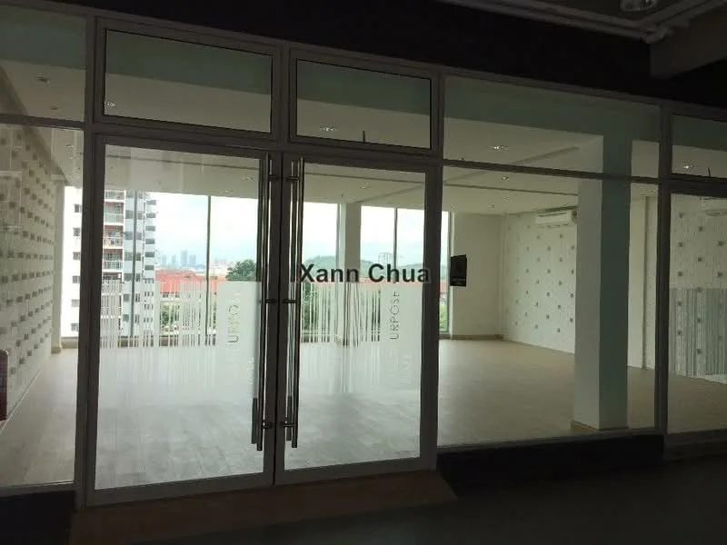 Room features: large glass windows, white painted walls, light wood flooring, recessed downlights, open layout, decorative wall with pattern, air conditioning unit, view of city skyline; style: modern; view: city.