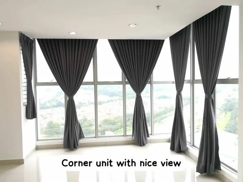 Room features: floor-to-ceiling windows, grey curtains, white walls, glossy tile flooring, corner unit, city view; style: modern; view: city.
