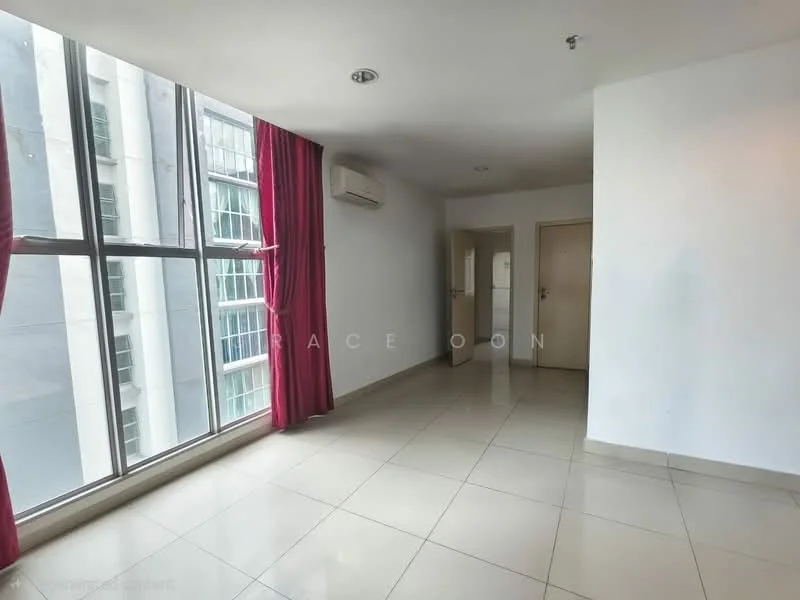 Living features: large floor-to-ceiling windows, white painted walls, cream tiled flooring, air conditioning unit, red curtains, recessed ceiling lights, neutral decor, open layout; style: modern; view: city. Room features: doorway leading to other rooms, plain walls, neutral flooring.