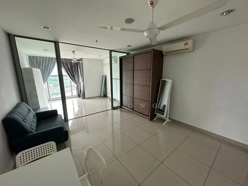 Living features: 3-seater fabric sofa in dark blue, white dining table, 4 white plastic chairs, floor-to-ceiling glass sliding doors, grey curtains, wall-mounted air conditioning unit, mirror, ceiling fan with light, glossy beige tile flooring, built-in wardrobe, decorative wall panel, natural light from windows; style: modern; view: city.
