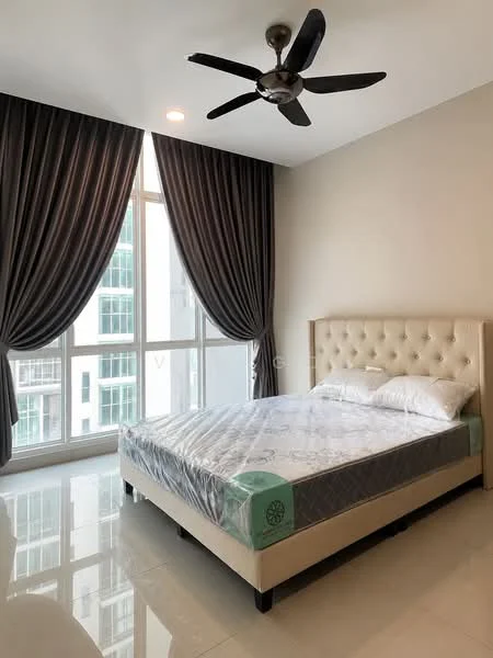 Bedroom features: king-size bed, upholstered headboard, floor-to-ceiling windows, grey curtains, 5-blade ceiling fan, white walls, polished tile flooring, decorative wall, natural light, city view; style: modern; view: city.