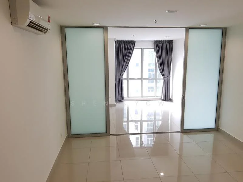 Room features: white painted walls, glossy tile flooring, floor-to-ceiling windows, sheer curtains, wall-mounted split AC, recessed downlights, sliding glass doors, neutral color scheme; style: modern; view: city.