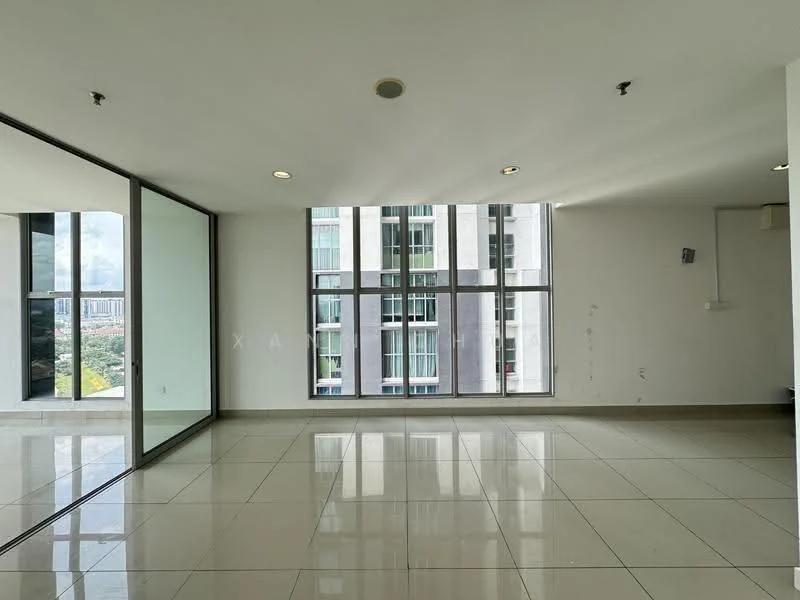 Living features: large floor-to-ceiling windows, white painted walls, polished ceramic tile flooring, recessed downlights, open layout, city view, air conditioning unit, no visible furniture; style: modern; view: city.