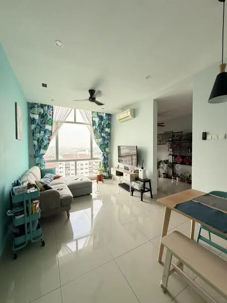 Living features: light blue painted walls, white ceiling, large floor-to-ceiling windows, sheer curtains, 5-blade ceiling fan with light, grey fabric sofa, L-shape sectional sofa, coffee table, TV console, wall-mounted TV, polished ceramic tile flooring, decorative plants, area rug; style: modern; view: city. Dining features: wooden dining table, two wooden chairs, minimalist design; style: modern.