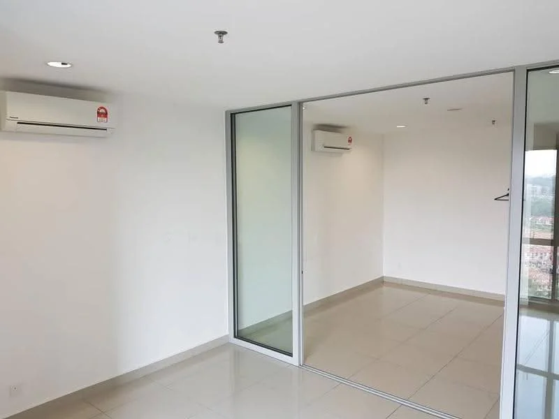 Room features: white painted walls, tile flooring, 2 wall-mounted split ACs, glass sliding door, mirror wall, recessed downlights, hanging rod for clothing, floor-to-ceiling windows; style: modern; view: city.