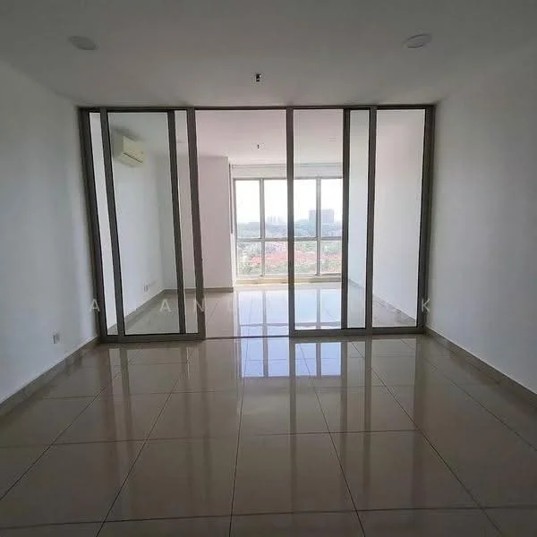 Room features: white painted walls, glossy tile flooring, floor-to-ceiling windows, sliding glass door, 1 wall-mounted split AC, natural light from windows, city view, glass partition, recessed downlights; style: modern; view: city.