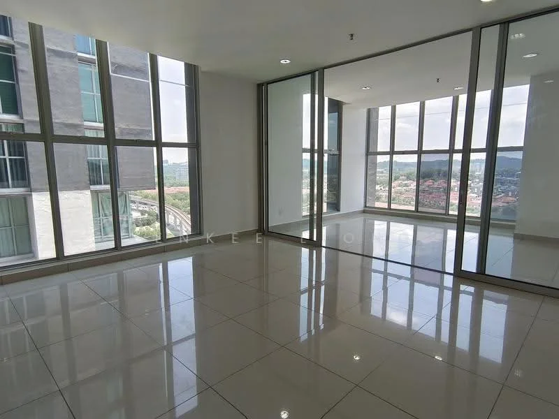 Room features: large floor-to-ceiling windows, white painted walls, glossy ceramic tile flooring, recessed LED downlights, open layout, city view, natural light, minimalist design; style: modern; view: city.