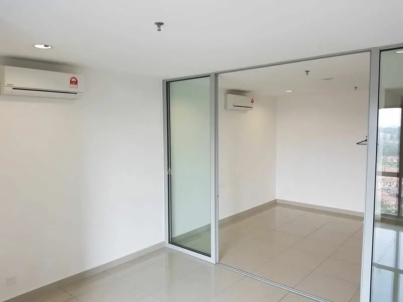 Room features: white painted walls, glossy tile flooring, 2 wall-mounted split ACs, floor-to-ceiling windows, glass sliding door, recessed downlights, hanging rod for clothing, neutral color scheme; style: modern; view: city.