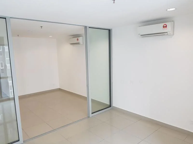 Room features: white painted walls, tile flooring, 2 wall-mounted split ACs, glass partition, recessed downlights, neutral color scheme; style: modern.