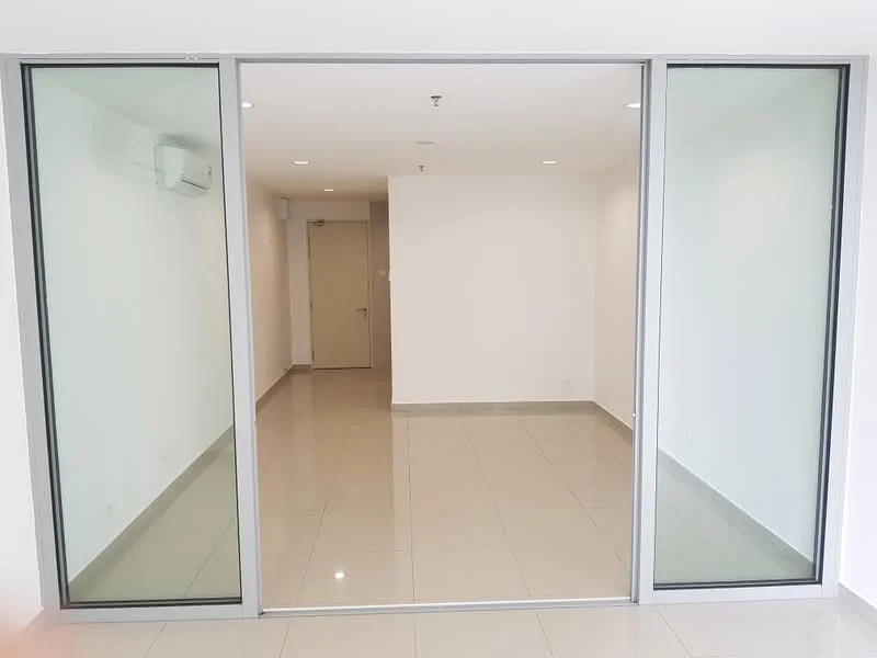 Room features: white painted walls, glossy tile flooring, sliding glass door, recessed downlights, wall-mounted split AC, neutral decor, open layout, no visible furniture; style: modern.
