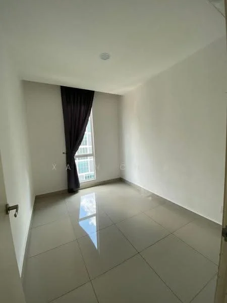 Room features: white painted walls, glossy ceramic tile flooring, floor-to-ceiling window, dark purple curtains, single ceiling light, door to outside, no visible furniture.