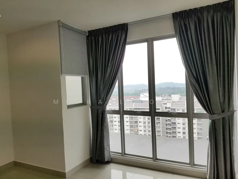 Room features: floor-to-ceiling windows, grey curtains, white walls, tile flooring, mountain view, natural light, roller blinds; style: modern; view: mountain.