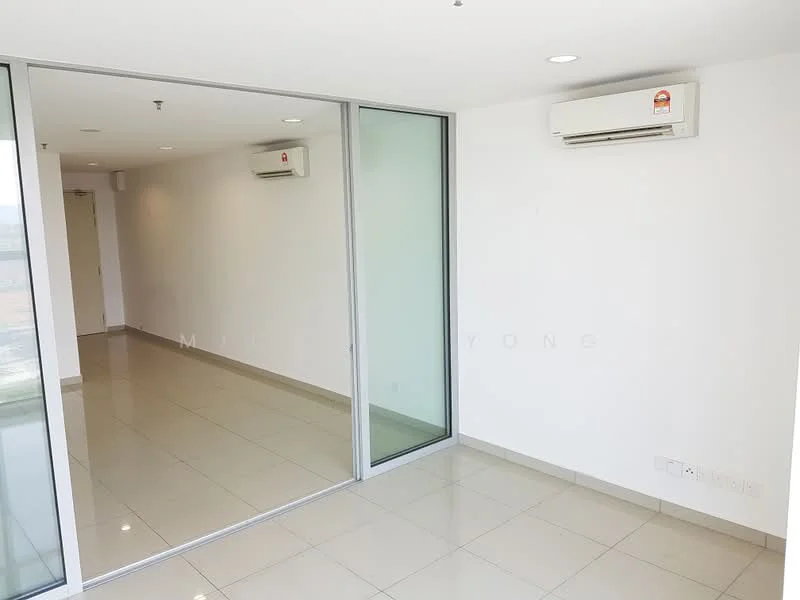 Room features: white painted walls, glossy tile flooring, 1 wall-mounted split AC, floor-to-ceiling glass windows, recessed downlights; style: modern; view: city.