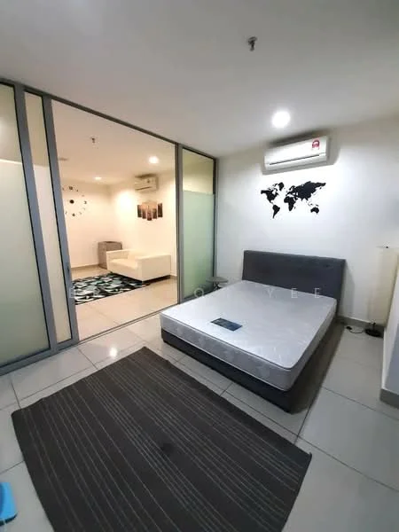 Bedroom features: queen-size bed without bedding, grey upholstered bed frame, white walls, tile flooring, 1 wall-mounted split AC, floor-to-ceiling glass partition, decorative wall art with world map, area rug with striped pattern, lamp, light switch, window with sheer curtains; style: modern. Room features: sofa, coffee table, decorative wall art, tile flooring, white walls.