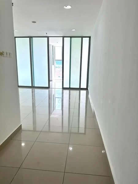 Room features: white painted walls, glossy ceramic tile flooring, glass sliding doors, recessed downlights, open layout, natural light from windows, neutral color scheme; style: modern; view: city.