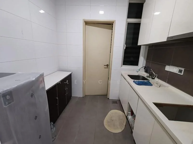 Kitchen features: white tiled walls, grey tiled flooring, white cabinetry, black lower cabinets, stainless-steel sink, single-bowl sink, chrome faucet, countertop with integrated backsplash, window above sink, door leading to another room, refrigerator, kitchen countertop, floor mat; style: modern.