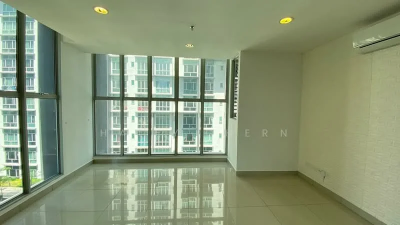 Living features: large floor-to-ceiling windows, white painted walls, glossy tile flooring, recessed downlights, air conditioning unit, open layout, city view, neutral color scheme; style: modern; view: city.