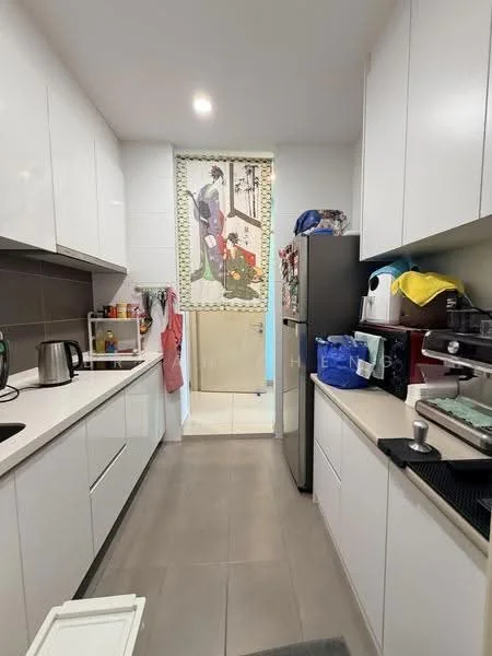 Kitchen features: white shaker cabinets, black countertop, single-bowl stainless-steel sink, chrome pull-down faucet, built-in refrigerator, freestanding kettle, microwave, dishwasher, tile backsplash, grey tile flooring, recessed downlights, open shelving, decorative wall art; style: modern.