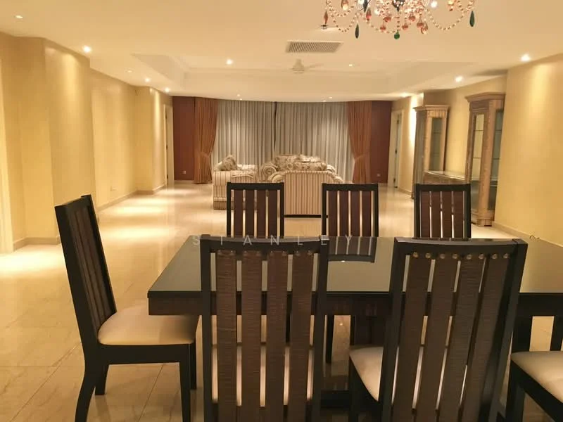 Dining features: 6-seater dining table with black glass top, wooden dining chairs with upholstered seats, chandelier with decorative crystals, cream painted walls, marble flooring, recessed downlights, large windows with sheer curtains, open layout to living area; style: modern. Living features: sofa set with patterned upholstery, coffee table, TV console, curtains, recessed downlights, cream painted walls, marble flooring; style: modern.