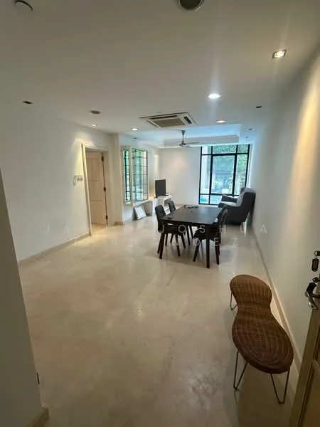 Living features: cream painted walls, marble tile flooring, recessed downlights, floor-to-ceiling windows, sliding glass door, blackout curtains, TV console, dining table with chairs, armchair, side table, air conditioning unit; style: modern; view: pool.