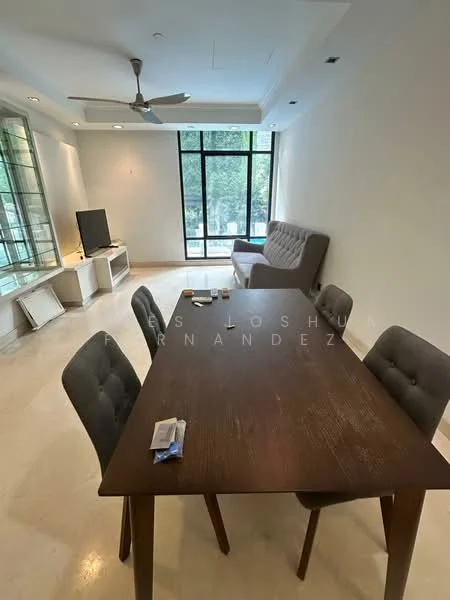 Dining features: 6-seater dining table, dark wood table, upholstered dining chairs in grey, pendant light, floor-to-ceiling windows, light-coloured walls, marble flooring, ceiling fan, sofa in grey, TV console, wall-mounted TV, decorative shelving unit; style: modern; view: garden.